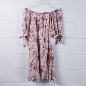 Naif Off The Shoulder Shift Dress Pink Floral Knee Length Women's Size Small